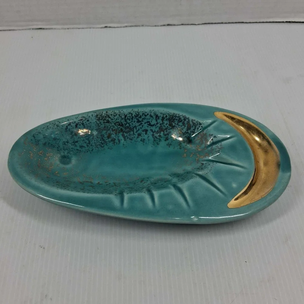 Vintage Mid Century Modern Teal Gold Celestial Moon Ceramic Trinket Dish USA